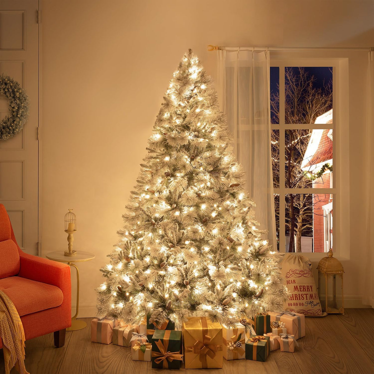 Glasgow 6.5ft Frosted Prelit Artificial Christmas Tree with Pine Cones, Foot Pedal, 1040 Branch