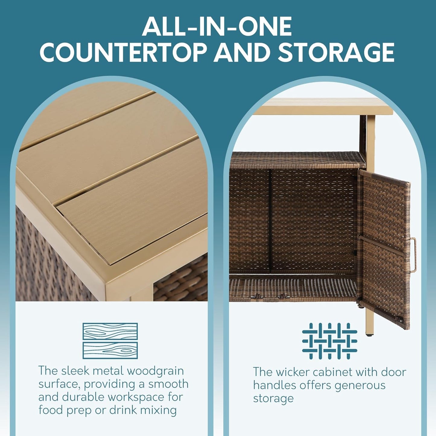 Outdoor Indoor Storage Cabinet with Rolling Wheels, Patio Serving Cart with Bar Table and Wicker