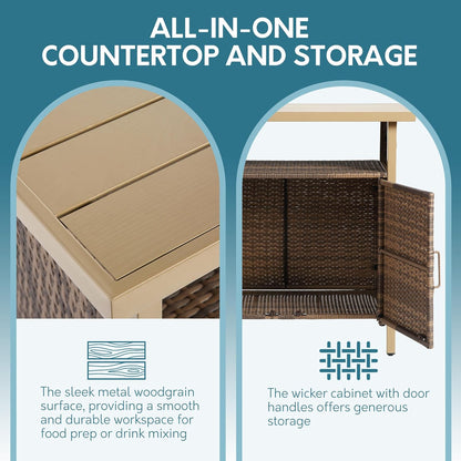 Outdoor Indoor Storage Cabinet with Rolling Wheels, Patio Serving Cart with Bar Table and Wicker