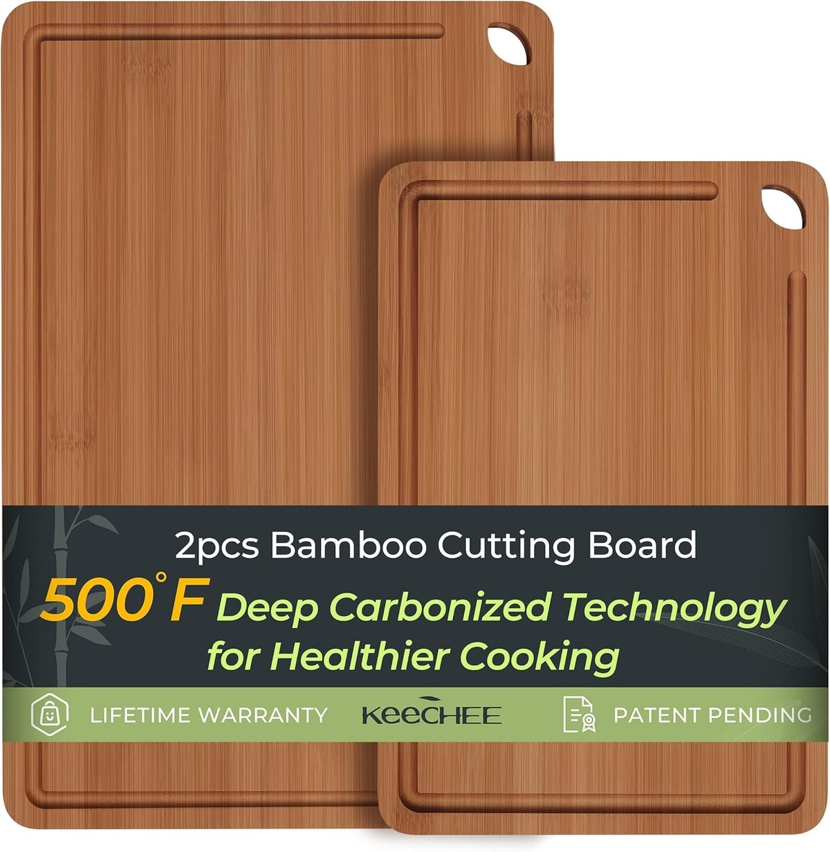 Butcher Block 2-Pcs Carbonized Bamboo Cutting Board Set With Juice Groove For Meal Prep & Cheese