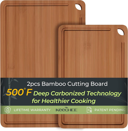 Butcher Block 2-Pcs Carbonized Bamboo Cutting Board Set With Juice Groove For Meal Prep & Cheese