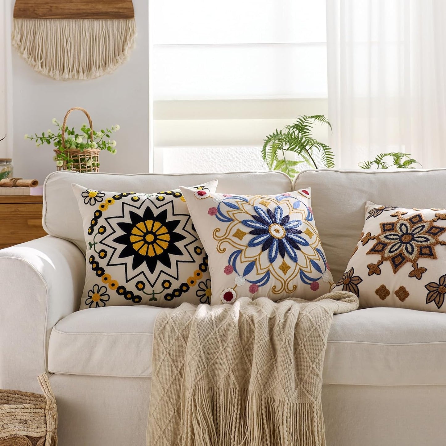 Embroidered Throw Pillow Cover 18x18 Classic Boho Floral Pattern Pillows Cover Outdoor Decorative
