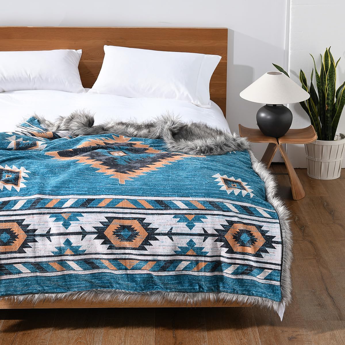 Luxury Plush Faux Fur Throw Blanket with Aztec Pattern, Super Warm, Fuzzy, Elegant, Fluffy