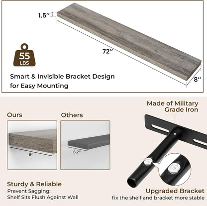 RICHFOCUS 72Inch Floating Shelves for Wall 2 Pack Shelves for Bedroom|Kitchen|Bathroom Wall Mounted
