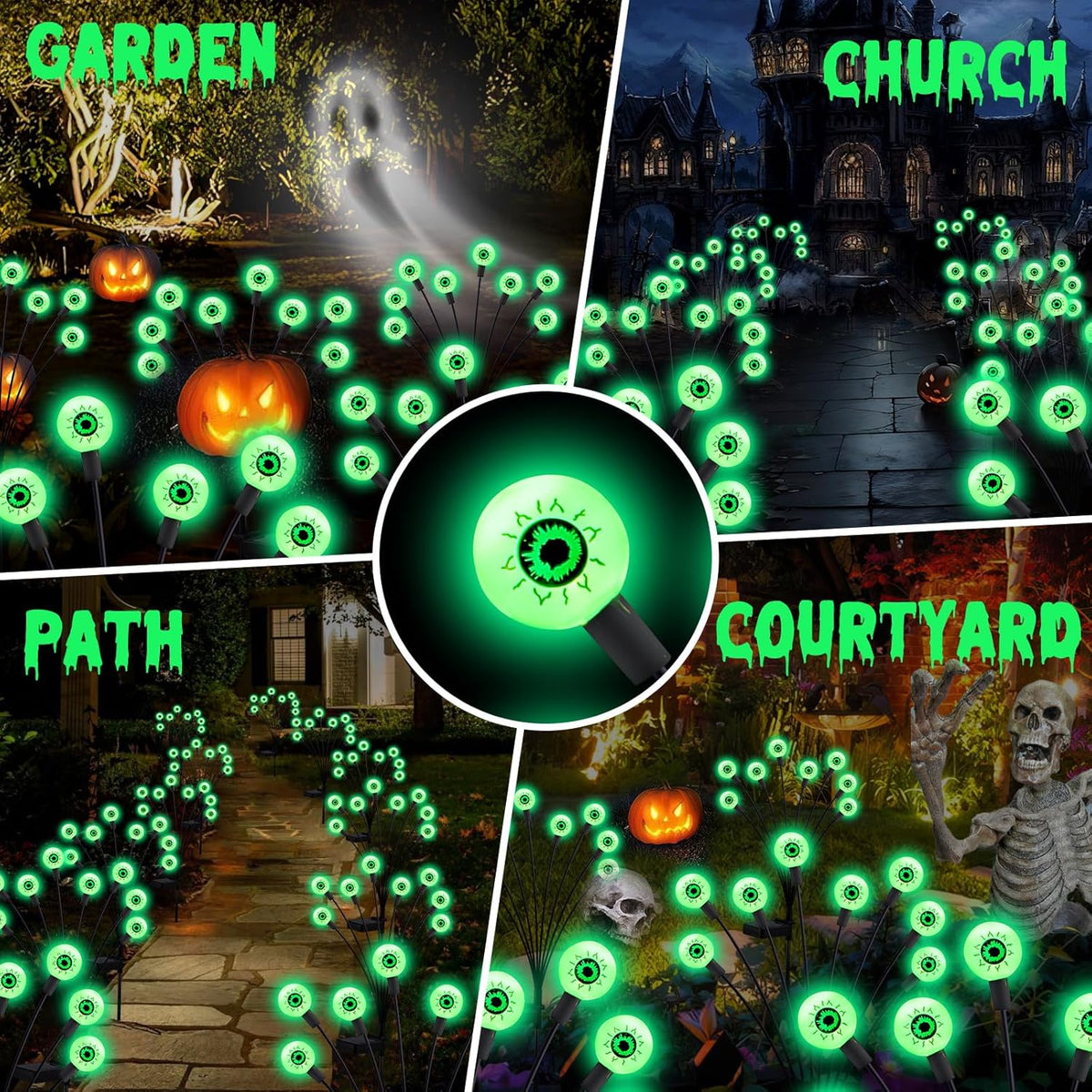 ASMAD Halloween Decorations Outdoor Solar Scary Eyeball Lights, 4Pack 32LEDs Green Eyeball Swaying