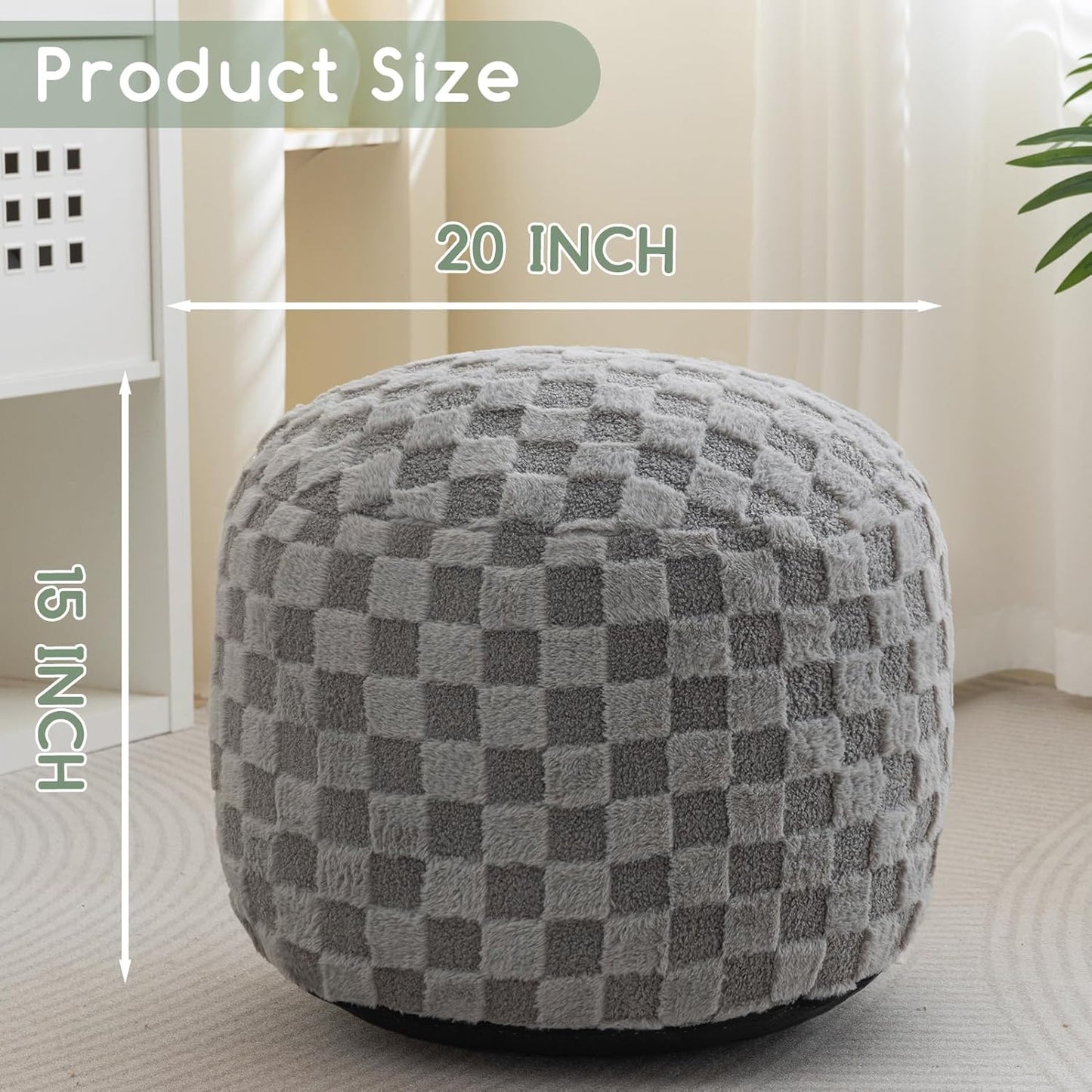 HIGOGOGO Round Stuffed Pouf Ottoman, Plaid Poufs with Foam Chunk Filling, Fluffy and Furry Pouf