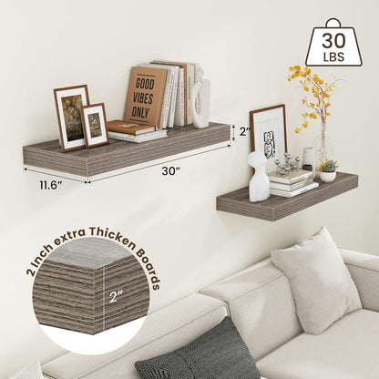 12 Inch Deep Floating Shelves for Wall | 30 Inch Floating Shelves Set of 2 | Rustic Grey Wood