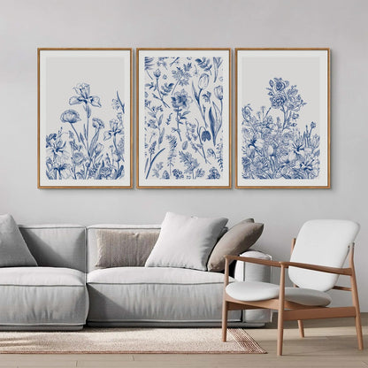 SIGNINART Classic Chinoiserie Botanical Framed Canvas Wall Art, Blue and White Floral Wall Decor