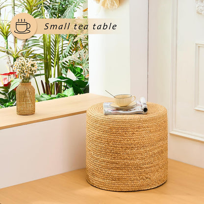 Handwoven Ottoman Pouf, Natural Water Hyacinth Footstool, Round Braided Outdoor Seat with Sturdy