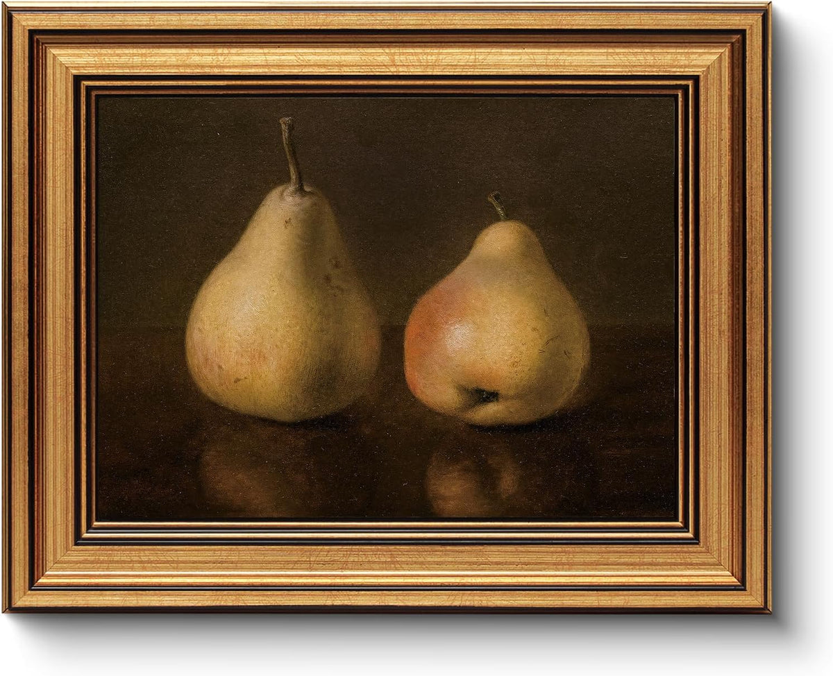 HUARCEY Gold Framed Vintage Wall Art for Living Room, Pear Fruits Painting Prints Shelf Decor for