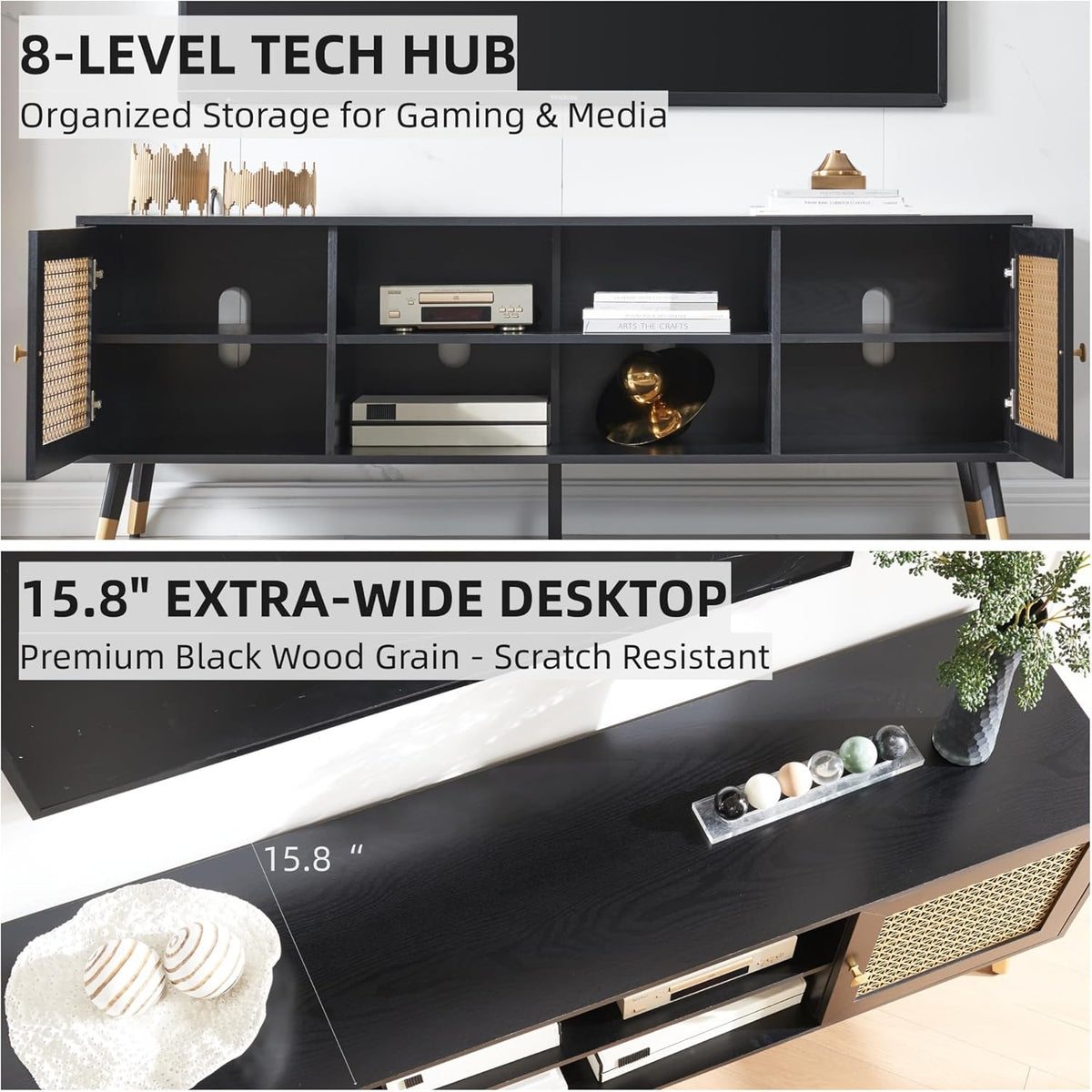 JYED Mid Century Modern TV Stand and Console for TVs Up to 75" - Black Entertainment Center, 2 Gold
