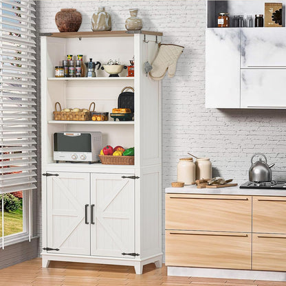 5 Tier Bookshelf 70in Tall Bookcase with Barn Doors and Storage Cabinet, White Farmhouse Book Shelf