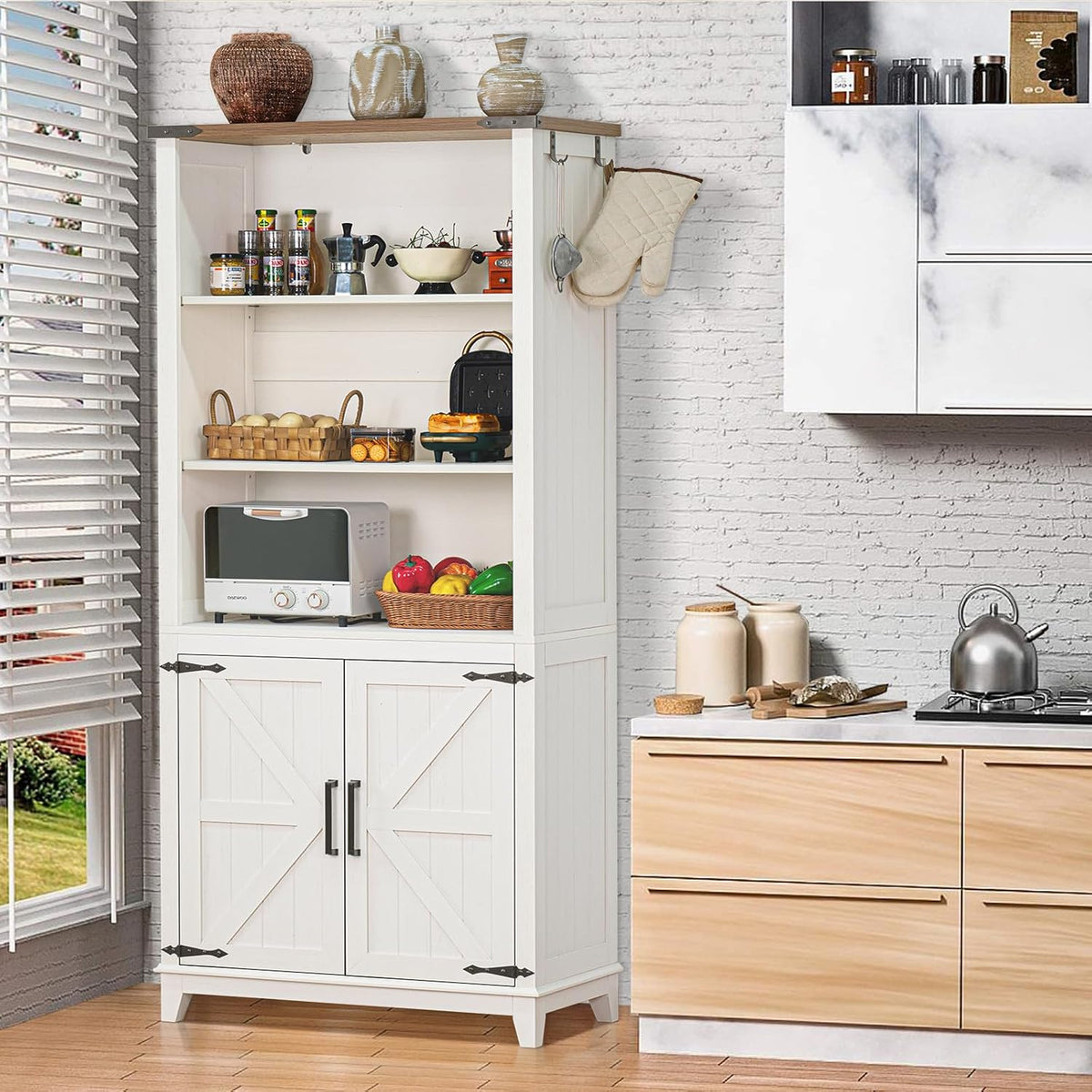5 Tier Bookshelf 70in Tall Bookcase with Barn Doors and Storage Cabinet, White Farmhouse Book Shelf