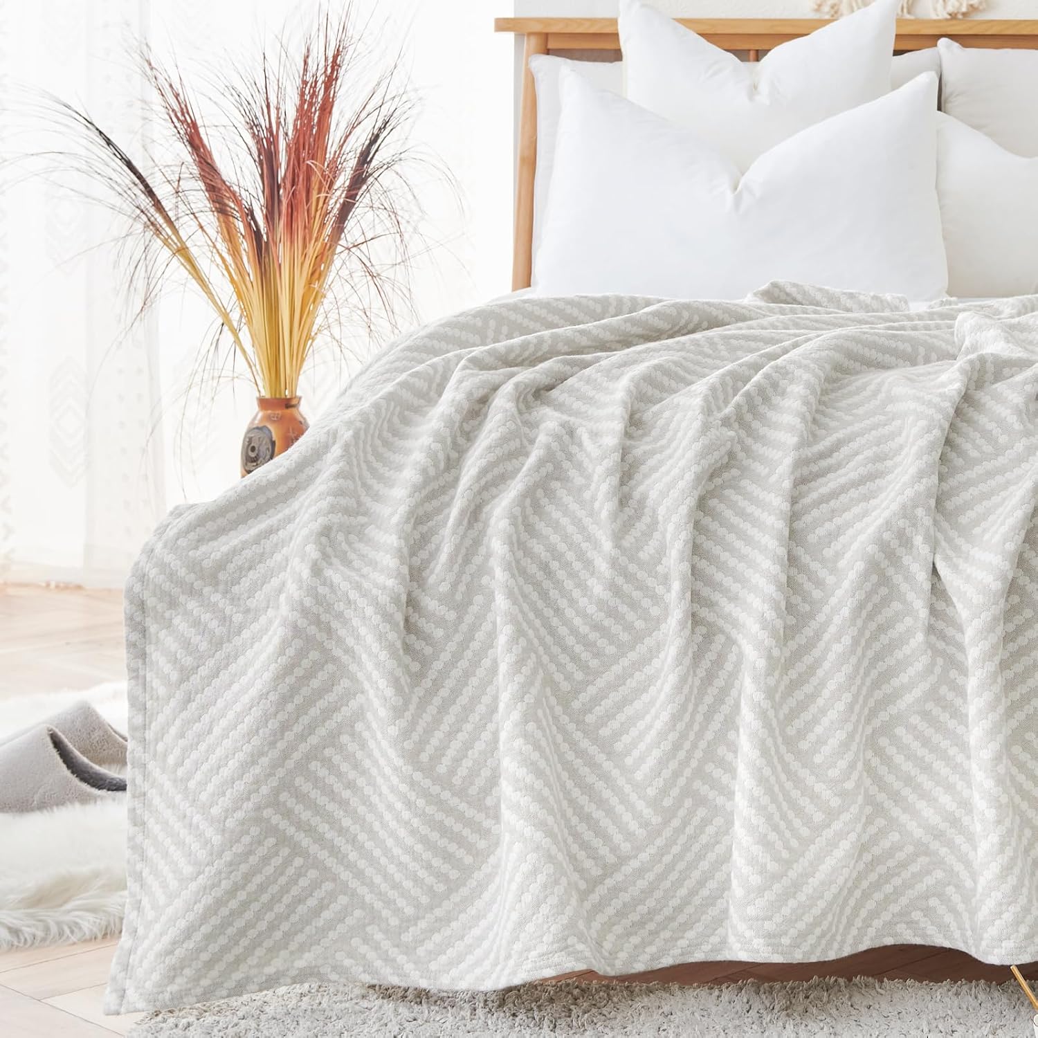 jinchan Boho 100% Cotton Blanket Muslin Twin Size 60x80 Inches Lightweight 3-Layer Geometric Square