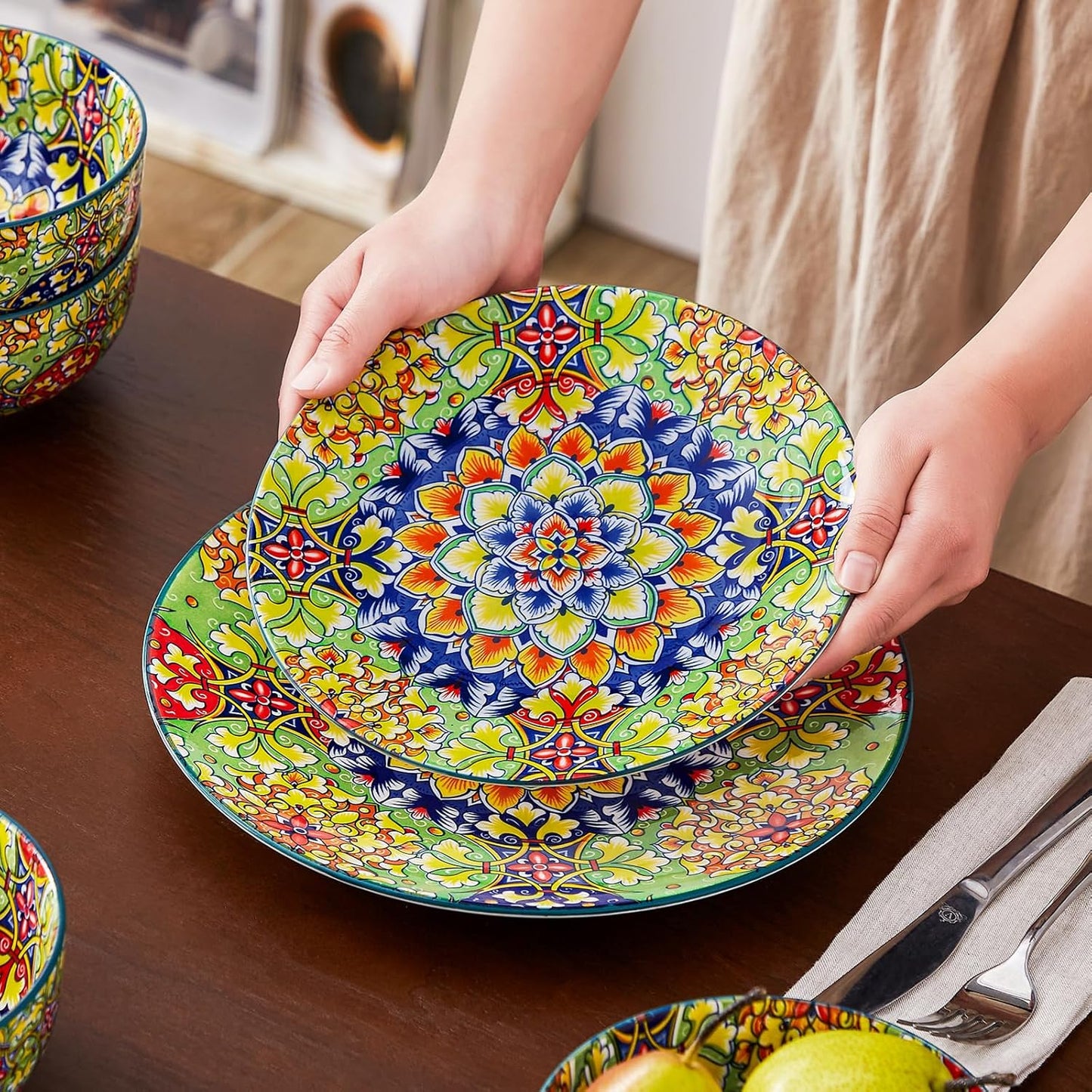 vancasso 12 Pieces Dinnerware Sets, Green Plates and Bowls Set, Porcelain Dishes Set for 4