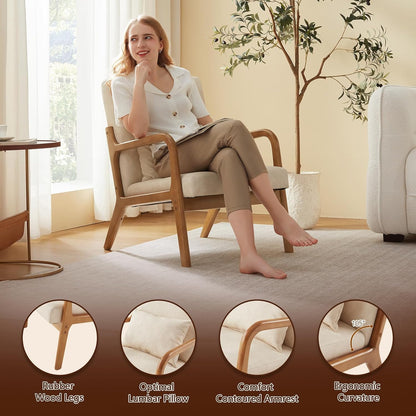 Accent Chair Mid Century Modern Armchair with Lumbar Support Pillow Wood Legs PU Leather