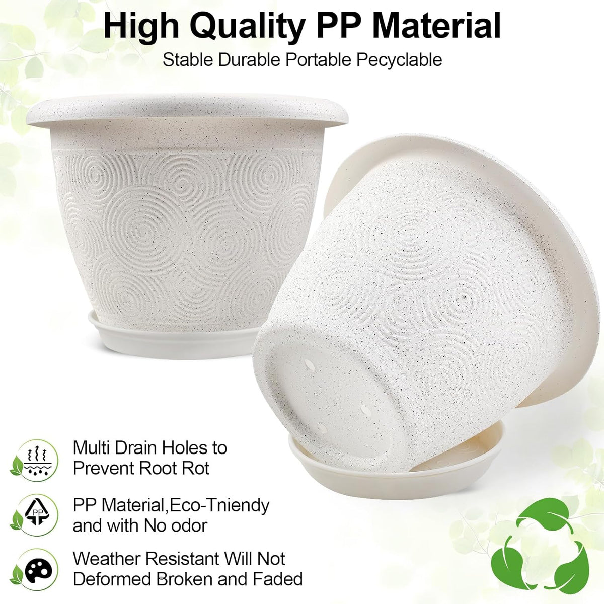 Plastic Flower Pots Planters for Indoor Plants, 3 Pack 10 Inch White Plant Pots with Drainage Hole