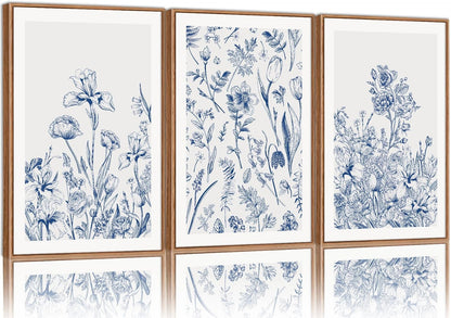 SIGNINART Classic Chinoiserie Botanical Framed Canvas Wall Art, Blue and White Floral Wall Decor
