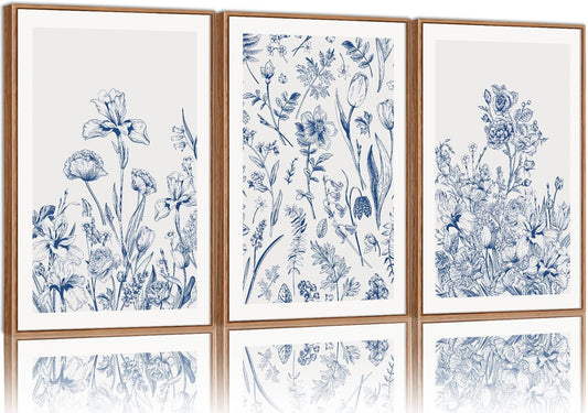 SIGNINART Classic Chinoiserie Botanical Framed Canvas Wall Art, Blue and White Floral Wall Decor