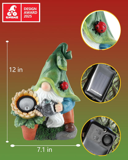 Solar-Powered Large Garden Gnome Watering Can Sunflower - 12 in Garden Decor Gnomes Decorations for