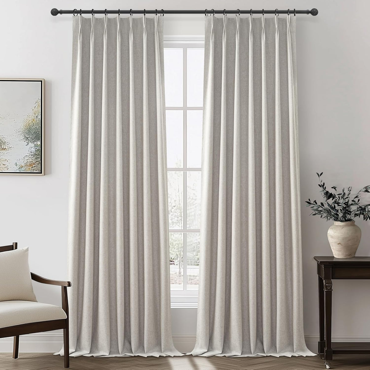 Natural Melange Taupe Blackout Curtains 108 Inch Extra Long Linen Viral Curtain with Pinch Pleat