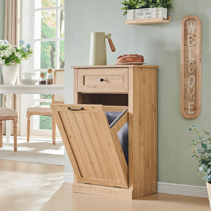 Tilt Out Laundry Hamper Cabinet, 10 Gallon Farmhouse Trash Can Cabinet with Drawer, Hidden Wood