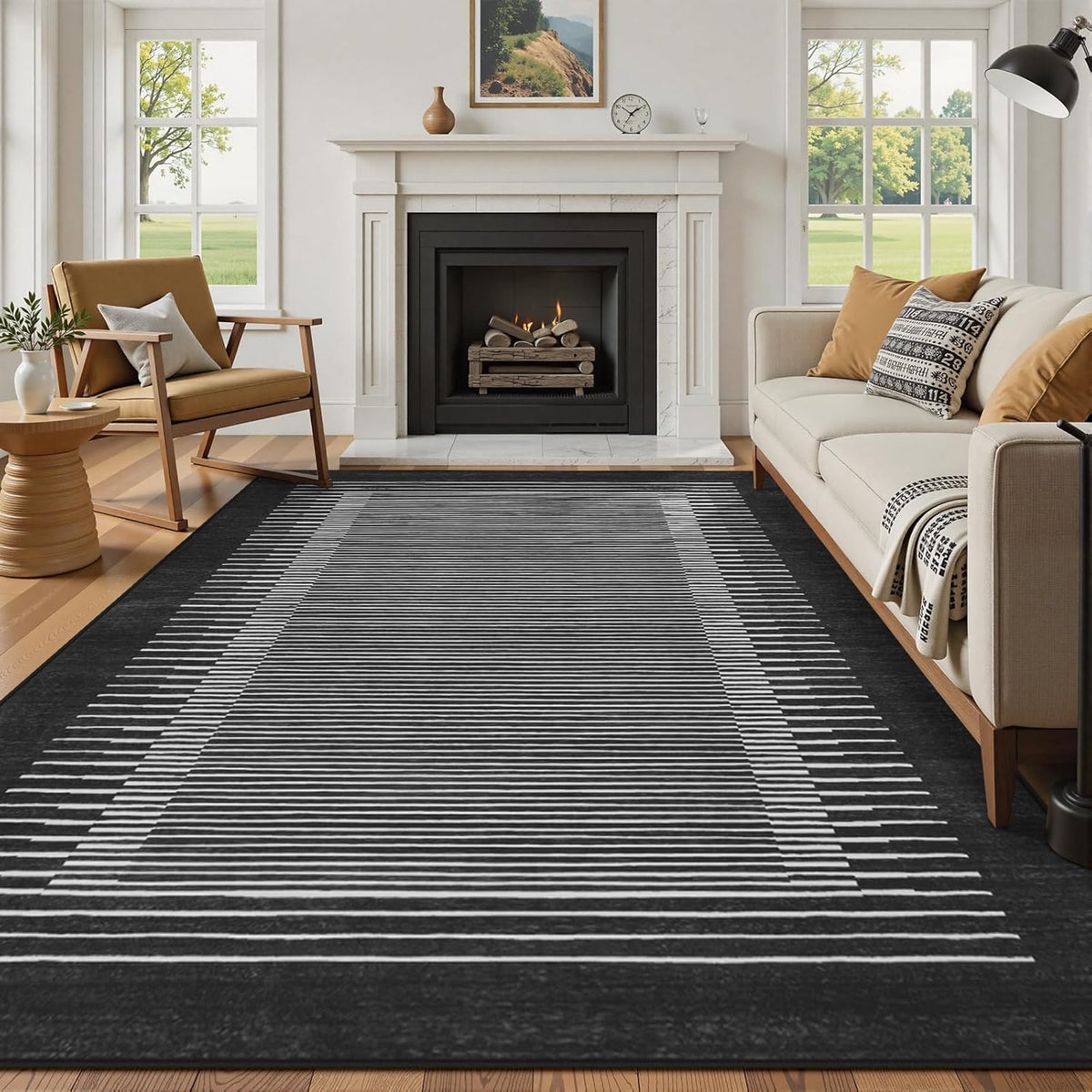 Wonnitar Striped Black Area Rugs 9x12 Living Room, Non-Slip Soft Berber Stripe Bedroom Rug, Low