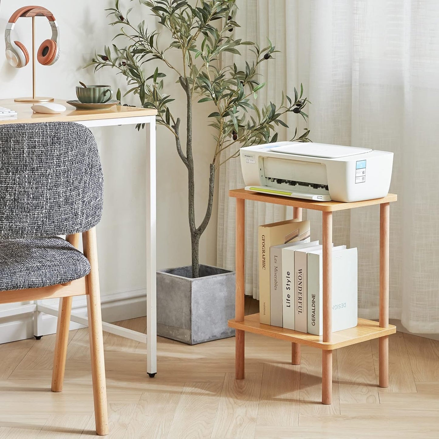 IBUYKE 2-Tier Side Table, Solid Wood Tall End Table with Storage Shelves, Nightstand Bedside Table