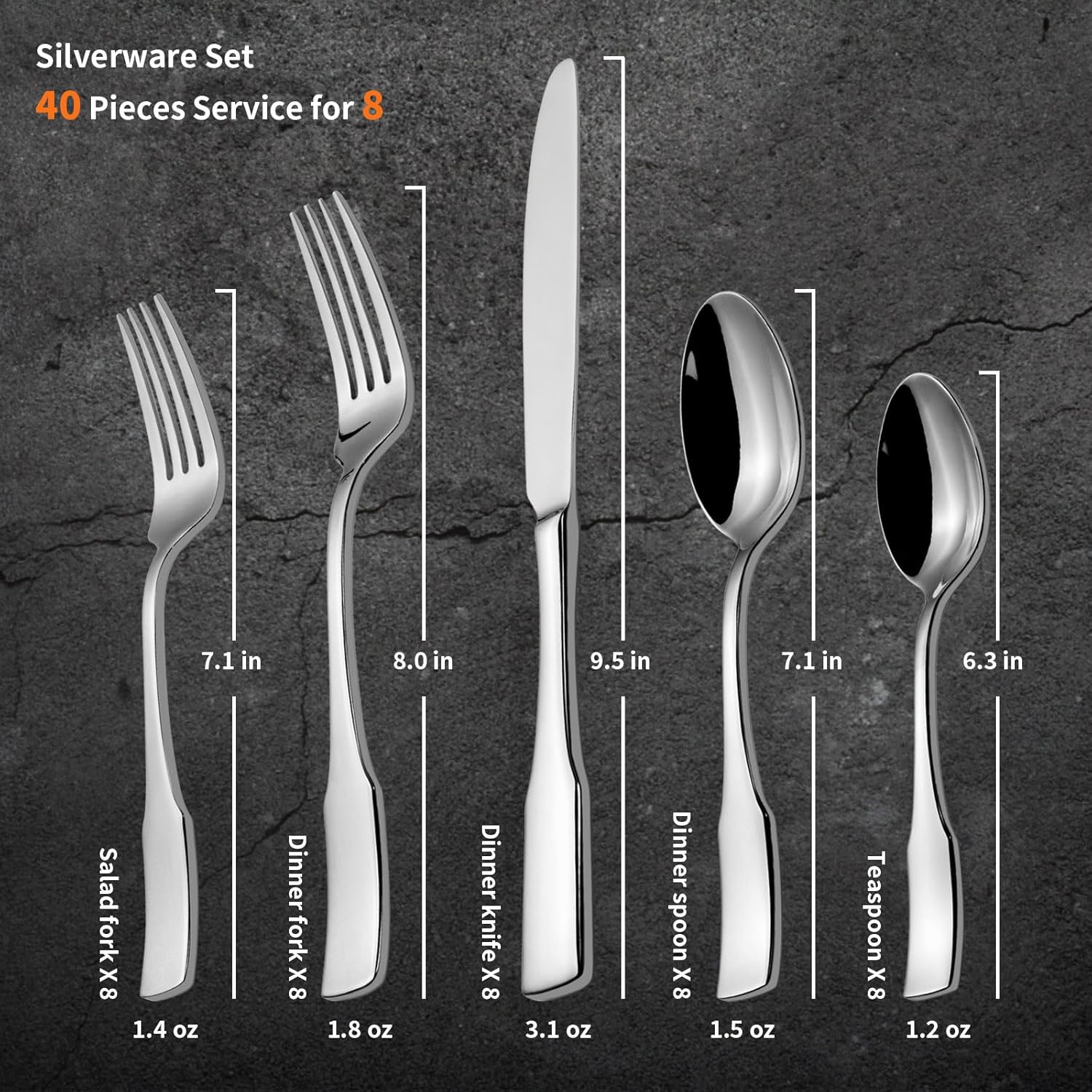 Alata Kate 40-Piece Silverware Set,Service for 8,Stainless Steel Flatware Set,Mirror Polished