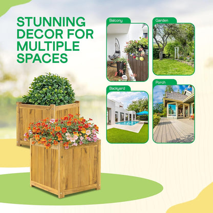 IDZO Set of 2 Acacia Wood Flower Planters for Outdoor Plants, Ergonomic Handles, Drainage Holes
