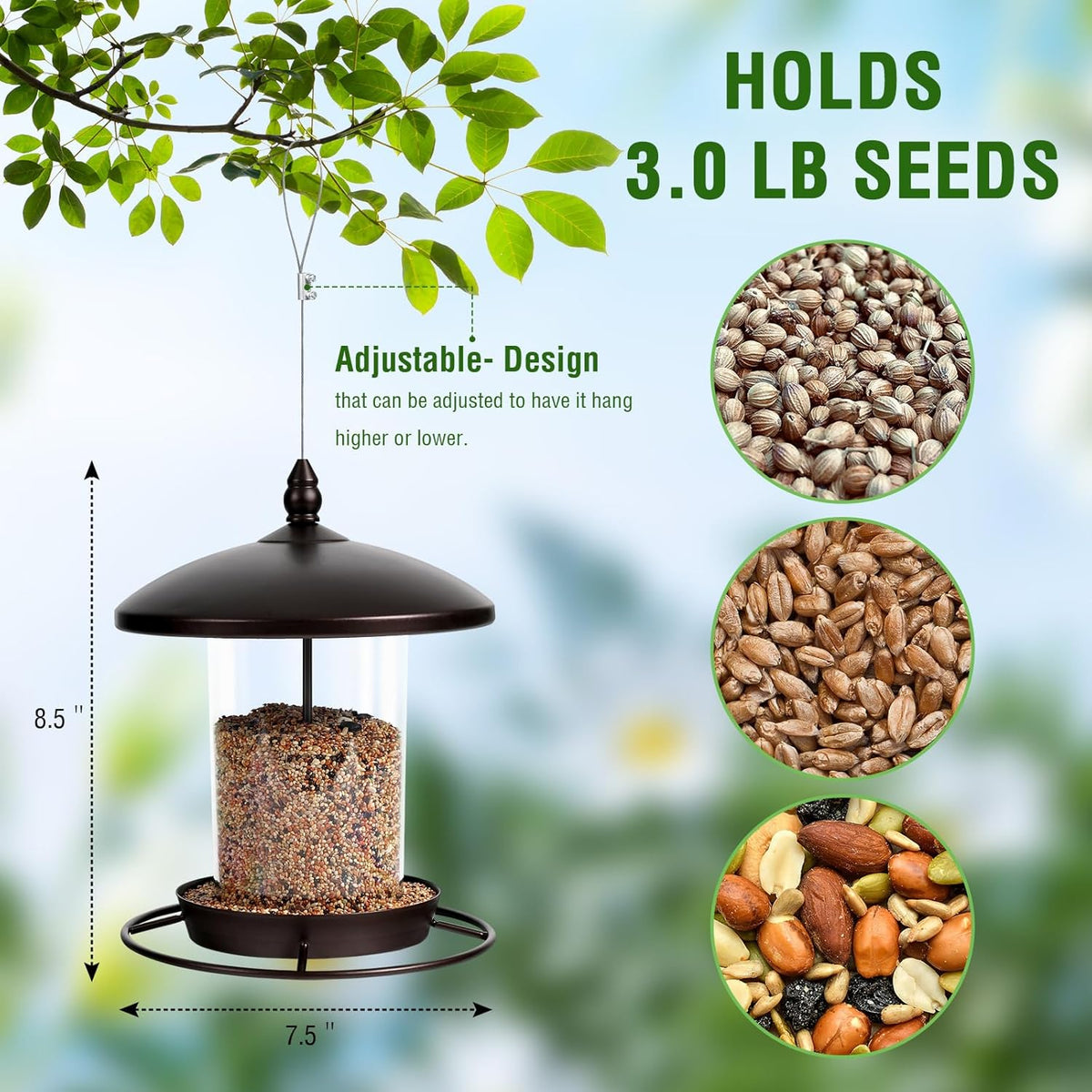 Metal Bird Feeder for Outdoors Hanging,3.0LB Seed Feeder,Easy to Fill & Clean,360°