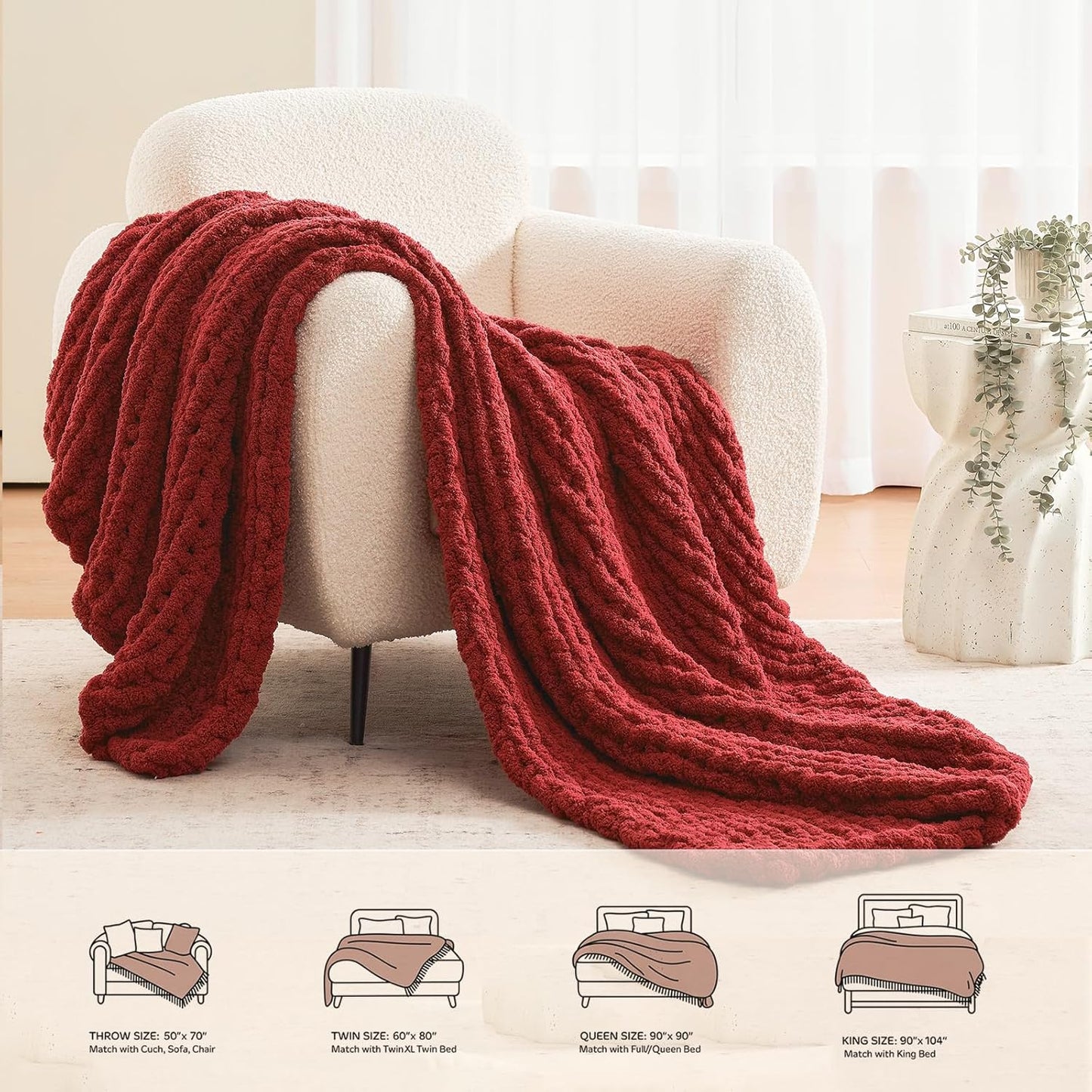 L'AGRATY Chunky Knit Blanket Throw: 60''x80'' Chenille Chunky Knitted Throw Blankets for Twin Bed