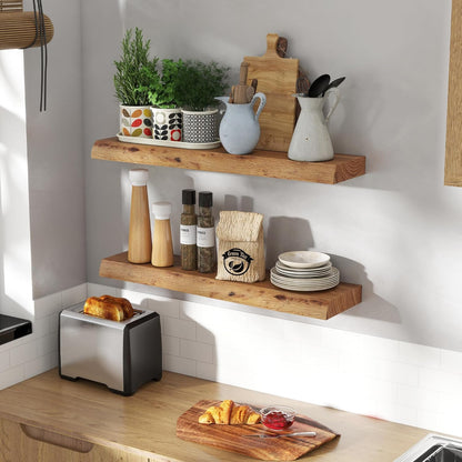 30" Floating Shelves, Live Edge Solid Elm Wood Floating Shelf, Wall Mounted Display Shelves with
