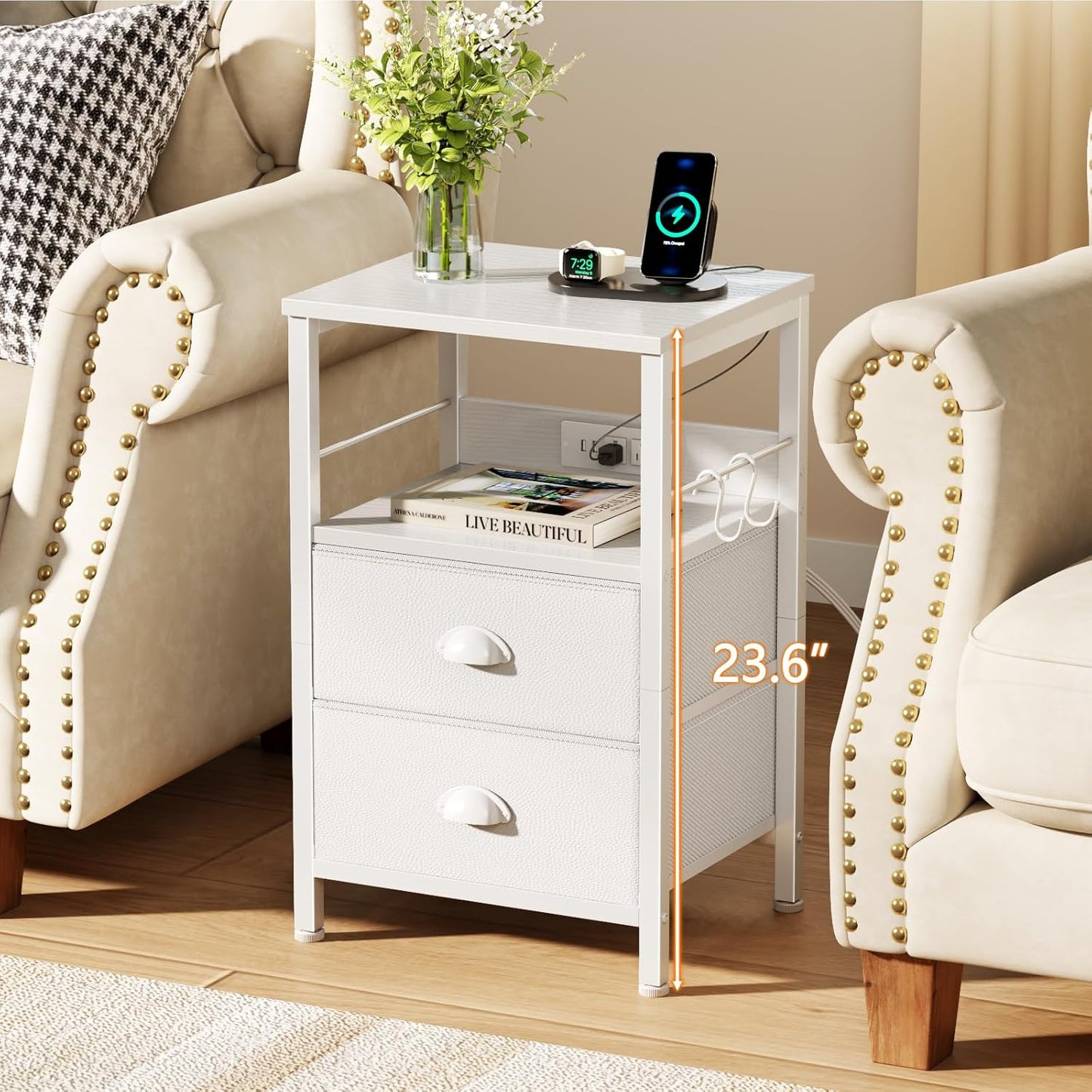 Furologee End Table with Charging Station, Nightstand with Fabric Drawers, Side Tables with USB