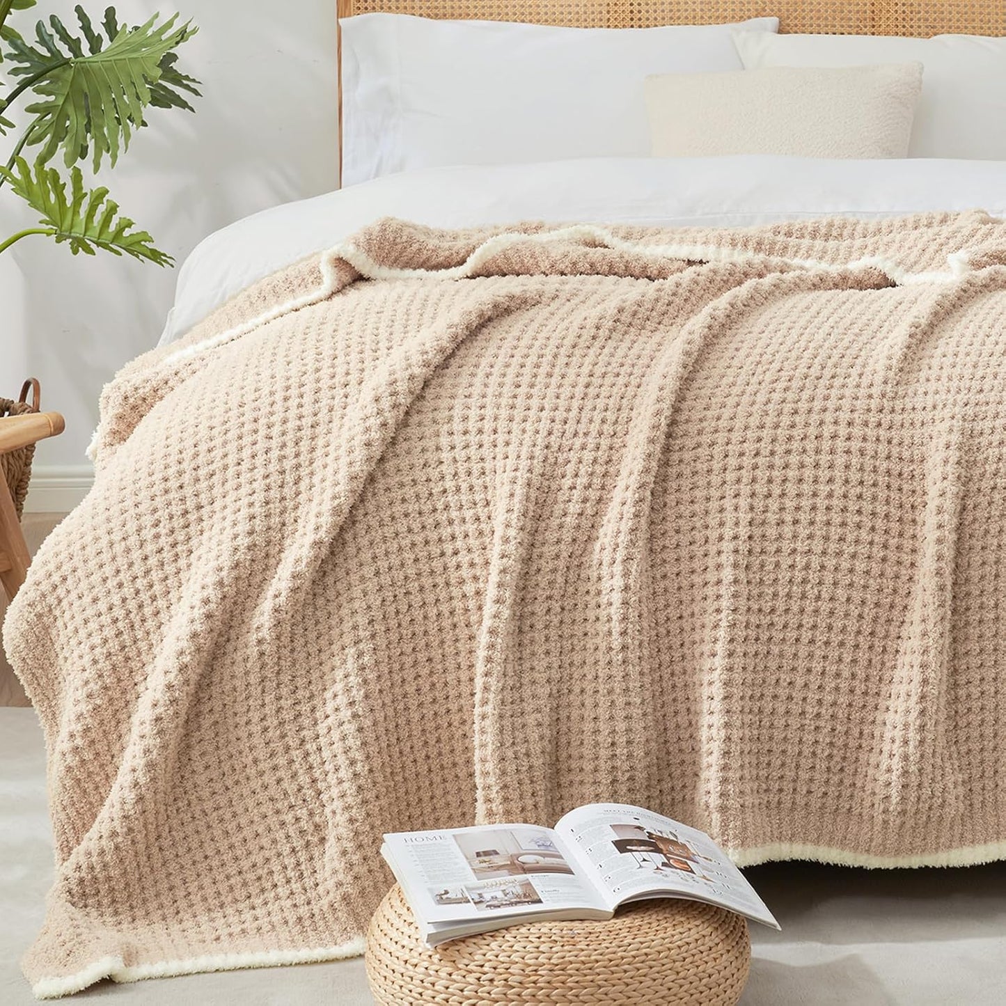Snuggle Sac Waffle Throw Blanket for Couch Bed Sofa 50x60 inches, Reversible Beige Blanket