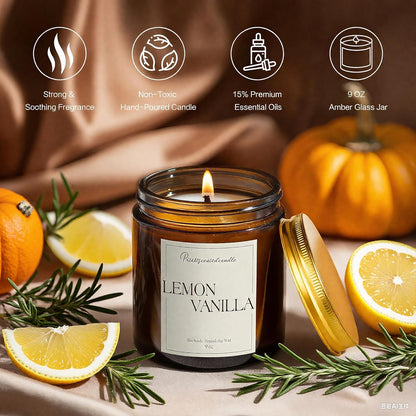 Lemon Vanilla Scented Candle for Home, Natural Soy Wax Aromatherapy Non Toxic Candle Gifts for