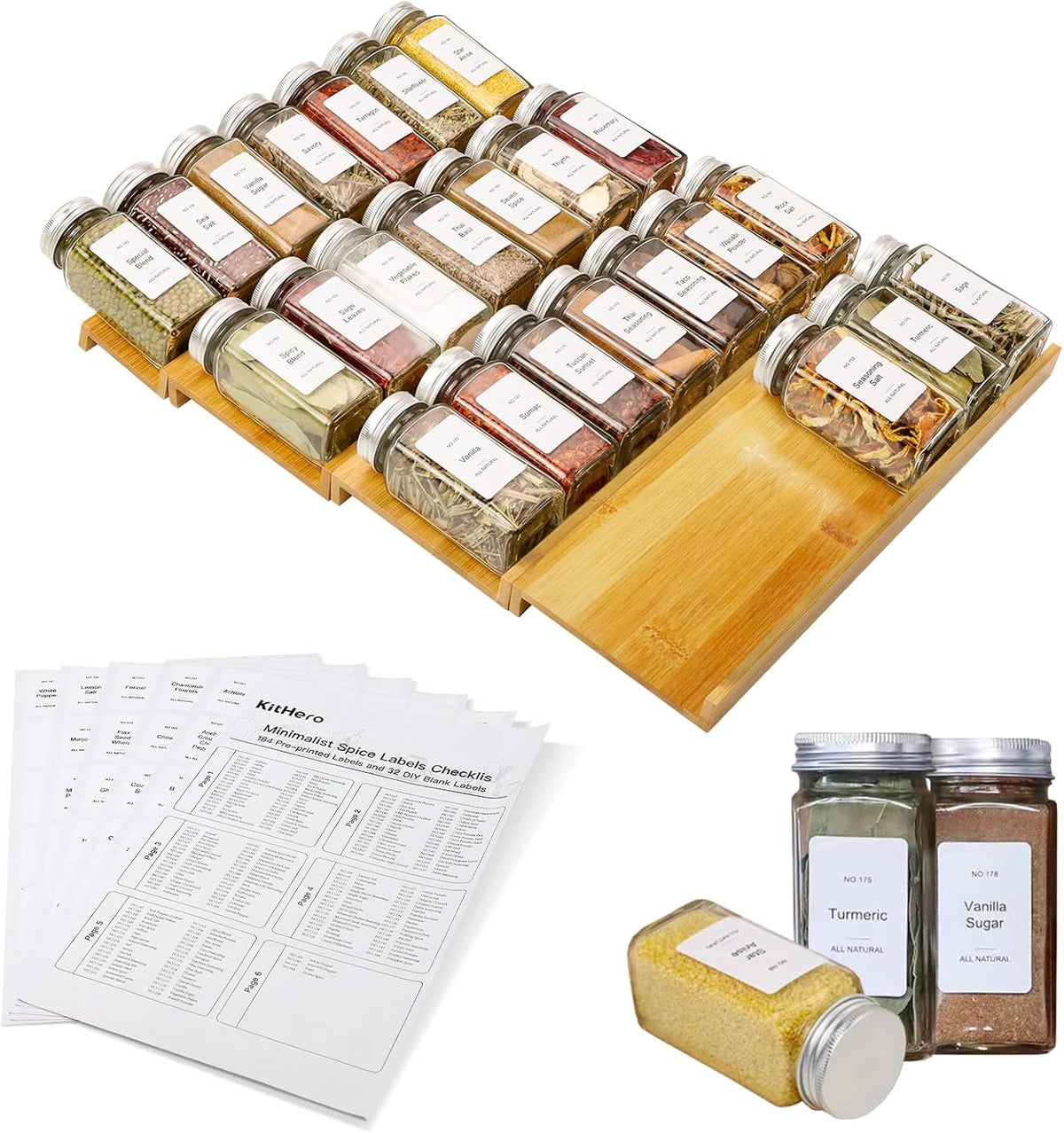 Spice Drawer Organizer with 24 Spice Jars and 216 Labels,Non-slip Rubber, Bamboo 4 Tier Spice Racks