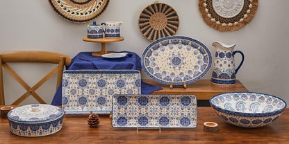 Bico Blue Talavera Ceramic 14 inch Rectangular Serving Platter, Set of 2, for Serving Salad, Pasta