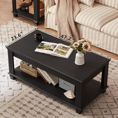 Farmhouse Coffee Tables for Living Room,Square Tea Table with Open Storage Shelf,Large Coffee
