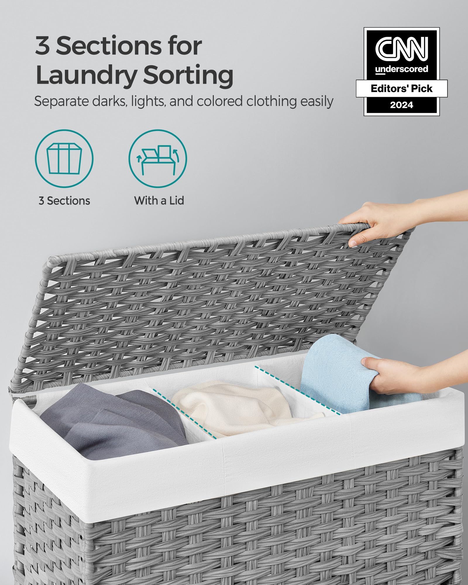 SONGMICS Laundry Hamper with Lid, 37 Gallons (140 L), Rolling Laundry Basket with Wheels, 3-Section