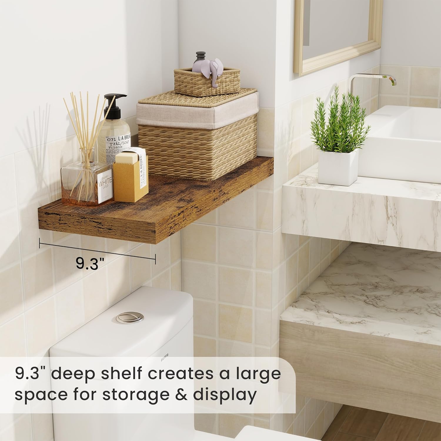 Fun Memories 24 Inch Floating Shelves for Wall, 9 Inch Deep Brown Rustic Wood Wall Mounted Shelves
