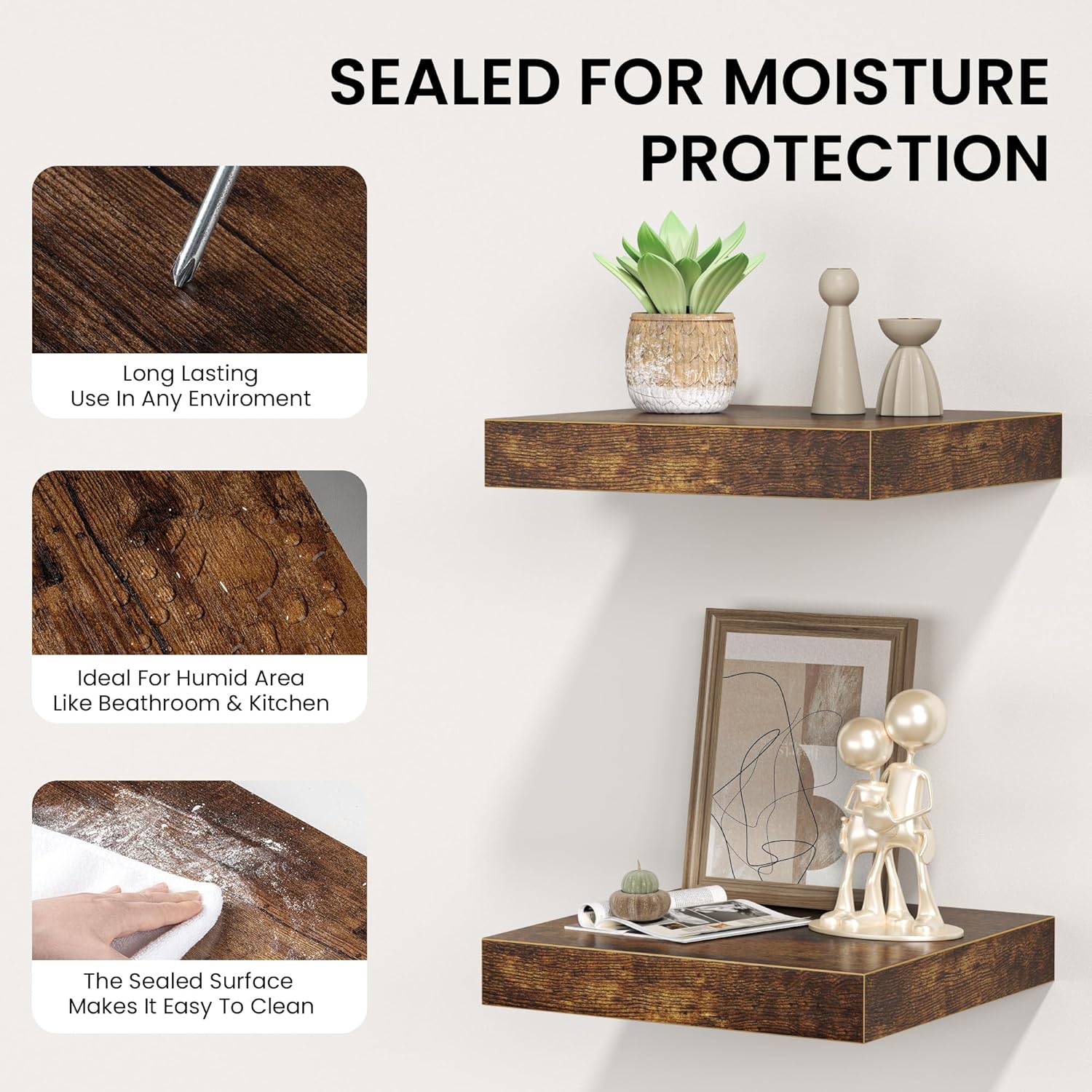 Square Floating Shelves for Wall, 8"W x 8"D x 1.2"H, Small Wooden Wall Mounted Display Shelves with