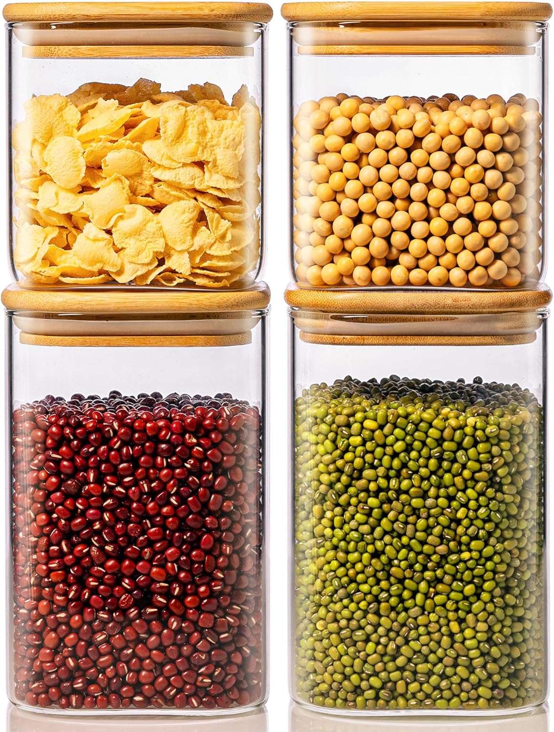42oz & 27oz - 4 Pack Square Glass Jars with Bamboo Lids, Glass Food Storage Containers with