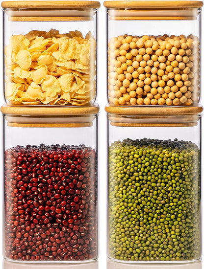 42oz & 27oz - 4 Pack Square Glass Jars with Bamboo Lids, Glass Food Storage Containers with