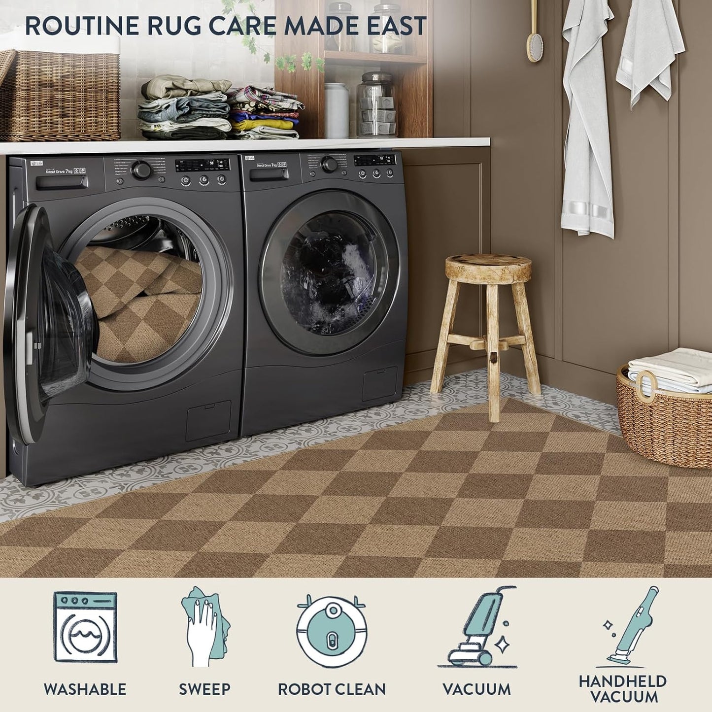 Lahome Checkered Easy Jute Rug 8x10, Washable Rugs for Living Room Dining Room Farmhouse Indoor