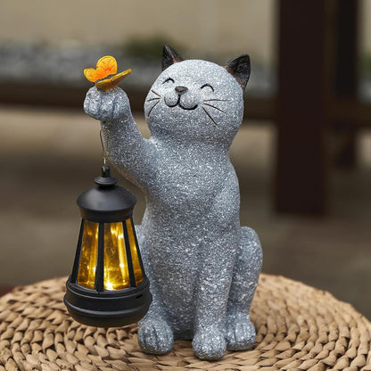 Solar Cat Garden Statue Outdoor Decor, Cat Sculpture with Lantern and Butterfly for Yard Lawn Patio