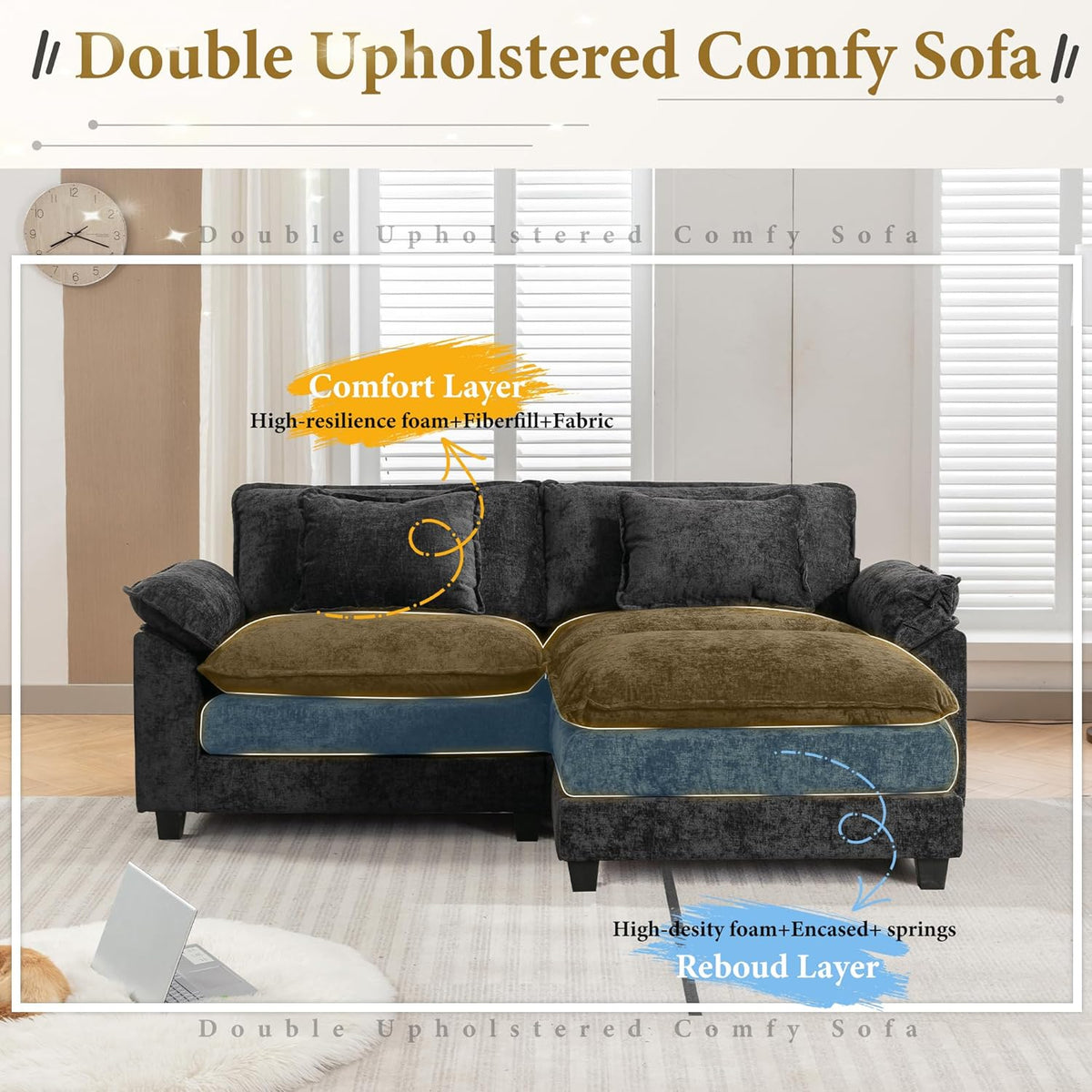 URRED Modular Sectional Sofa Comfy Cloud Couch, Modern Chenille Sofa Sleeper Deep Seat Couches with