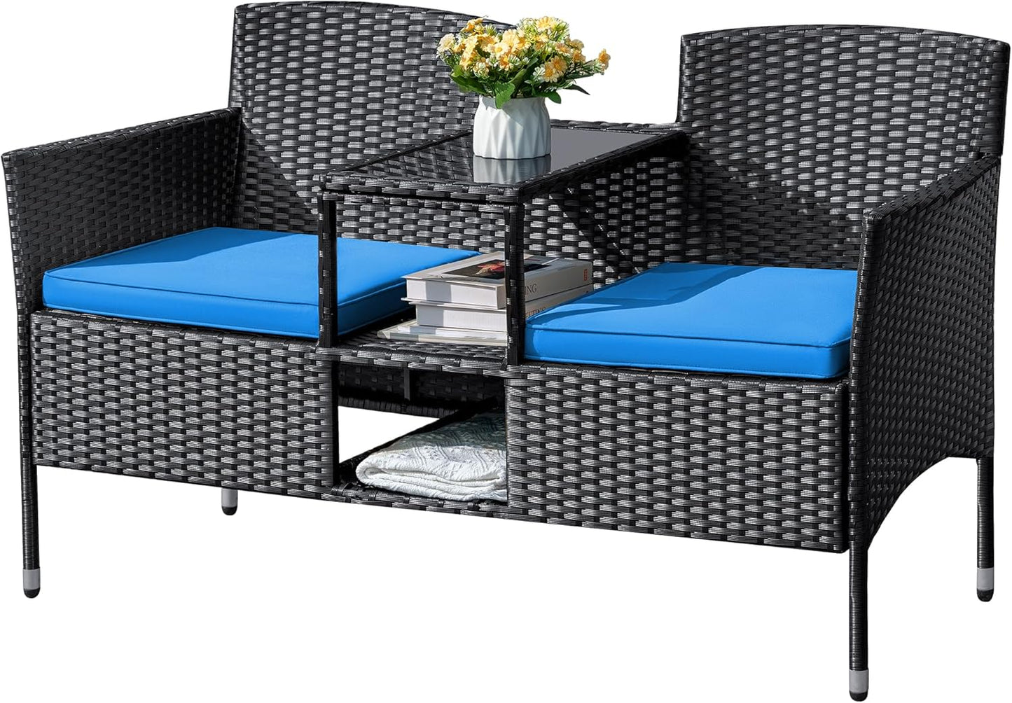 Flamaker Outdoor Furniture Patio Loveseat Wicker 2-Seat with Built-in Table and Cushions Rattan
