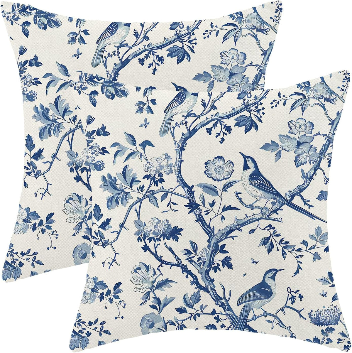 CXMEIFLY Spring Floral Pillow Covers 18 x 18 Inch Set of 2 for Navy Blue Chinoiserie Flowers Bird