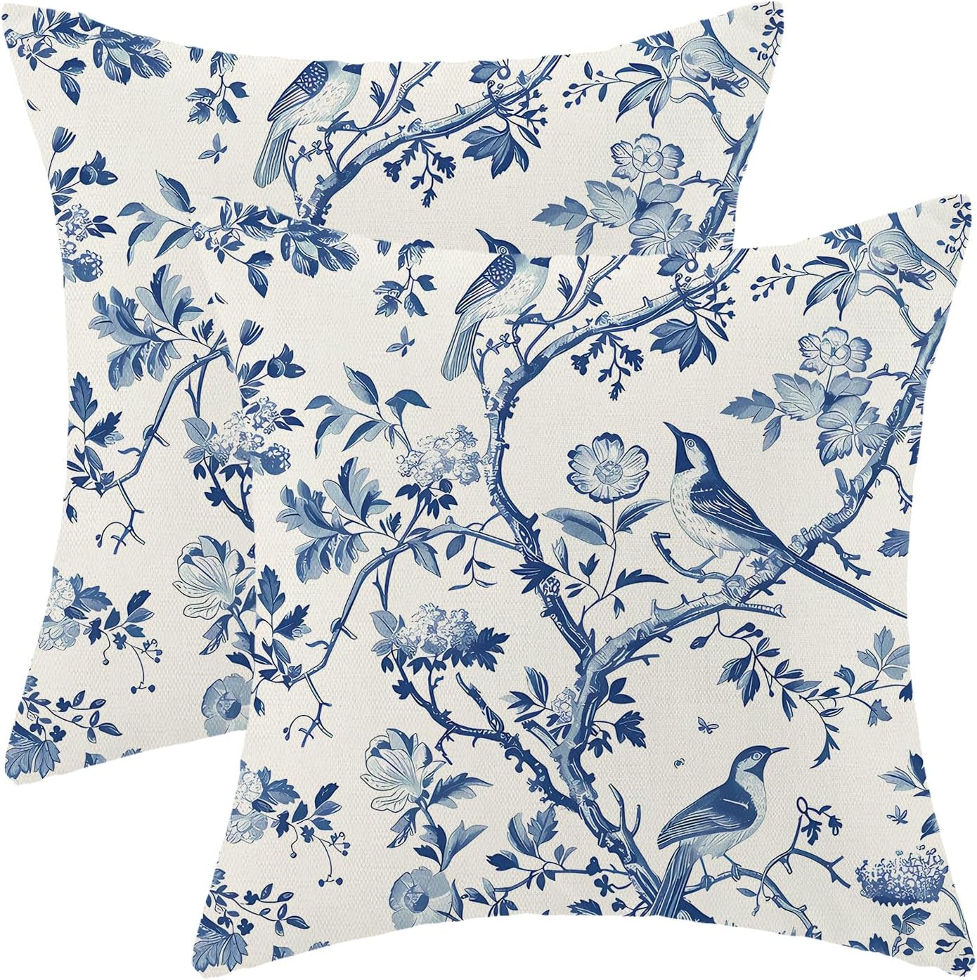 CXMEIFLY Spring Floral Pillow Covers 18 x 18 Inch Set of 2 for Navy Blue Chinoiserie Flowers Bird